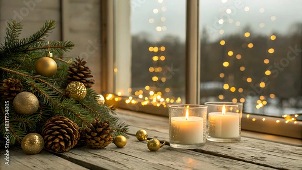 Obraz Cozy christmas scene with lit candles and pine branches by a window with bokeh lights