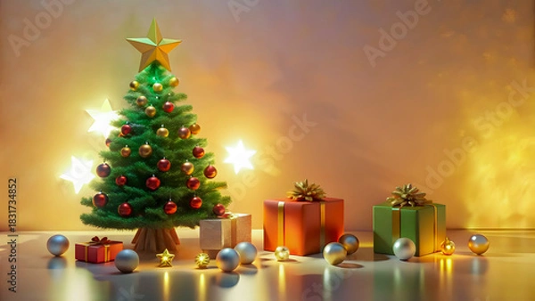 Obraz Festive decorated christmas tree with presents and warm glowing lights on a reflective surface