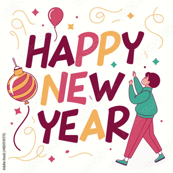 Obraz Happy New Year $3D$ Typography Confetti Balloons Christmas Ball Vector