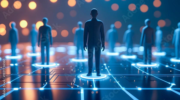 Obraz Futuristic digital figures standing on illuminated platforms in a network grid with bokeh lights