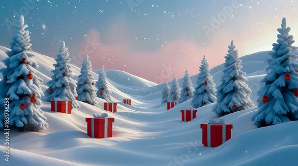 Obraz Snowy winter landscape with christmas trees and red gift boxes under a soft twilight sky