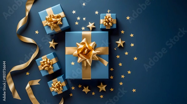 Obraz Elegant blue gift boxes tied with golden ribbon and scattered star confetti