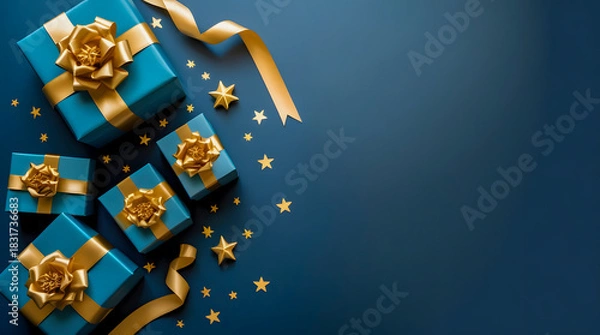 Obraz Festive turquoise gift boxes tied with golden ribbon and scattered star confetti on dark blue background