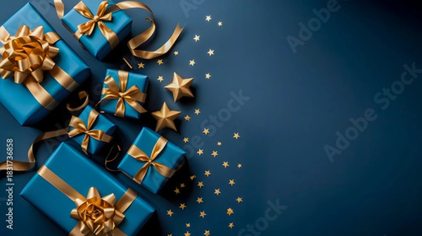 Obraz Festive arrangement of blue gift boxes with golden ribbons and confetti on a dark blue background