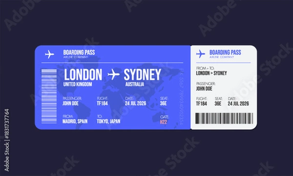 Fototapeta Airline ticket design. Airplane boarding pass with passenger name and destination. Travel, trip or business trip concept.