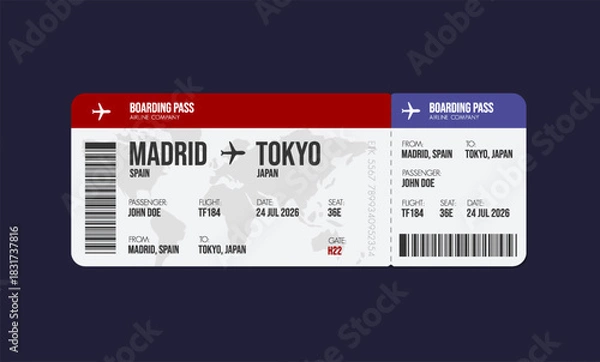 Fototapeta Airline ticket design. Airplane boarding pass with passenger name and destination. Travel, trip or business trip concept.