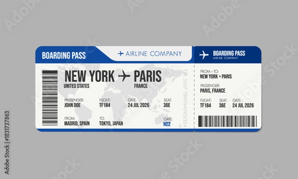 Fototapeta Airline ticket design. Airplane boarding pass with passenger name and destination. Travel, trip or business trip concept.