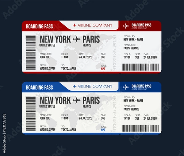 Fototapeta Airline ticket design. Airplane boarding pass with passenger name and destination. Travel, trip or business trip concept.