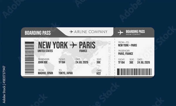 Fototapeta Airline ticket design. Airplane boarding pass with passenger name and destination. Travel, trip or business trip concept.