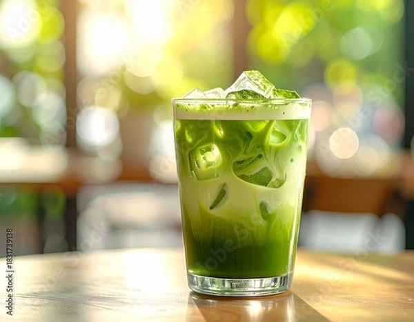 Obraz Refreshing Matcha Latte A Delightful Green Tea Beverage in a Glass on a Wooden Table