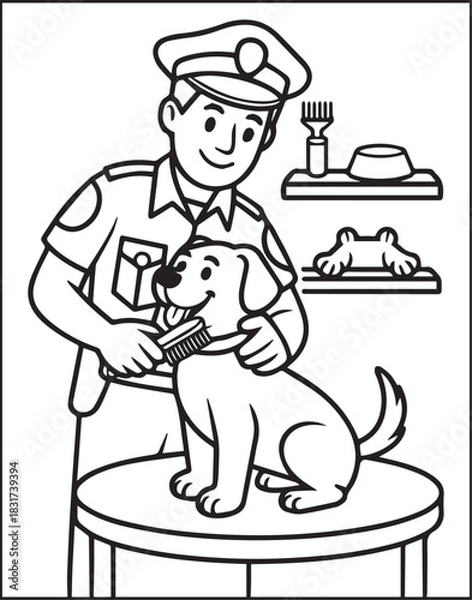 Fototapeta Cute police officer with uniform and enjoying with dog vector outline illustration coloring page for kids 