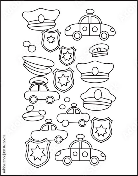 Fototapeta Cute police officer uniform, car cap and other instruments vector outline illustration coloring page for kids 