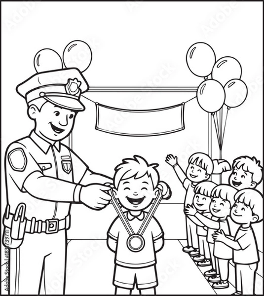 Fototapeta Cute police officer with uniform and enjoying with children vector outline illustration coloring page for kids 