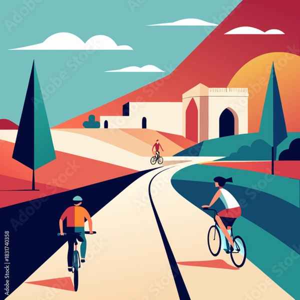 Obraz Minimal vector of cyclists on a pathway, architectural landscape graphic style.