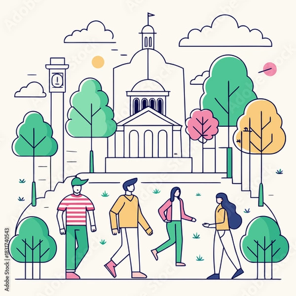 Obraz Minimal hand-drawn vector of people walking in a park with simple architectural linework.