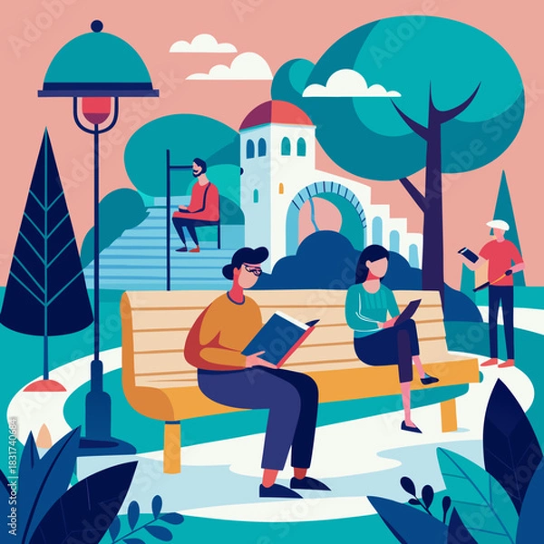 Obraz Vector illustration of a park bench with people reading, minimal architectural style.