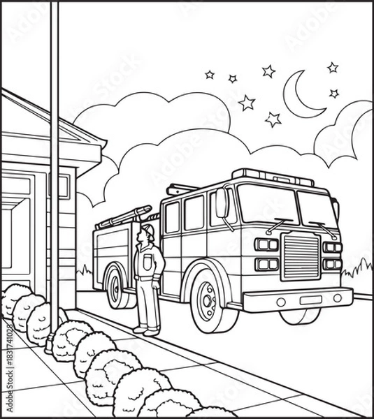 Fototapeta Coloring page for kids, Cute firefighter works for rescue vector line art illustration for coloring book