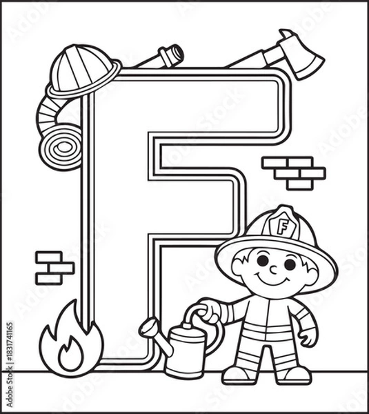 Fototapeta Coloring page for kids, Cute firefighter works for rescue and alphabet D vector line art illustration for coloring book