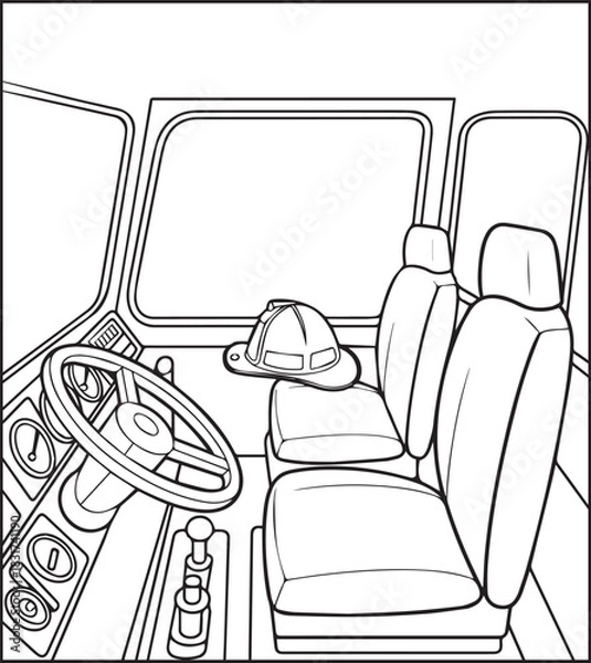 Fototapeta Coloring page for kids, Cute firefighter truck inside view works for rescue vector line art illustration for coloring book