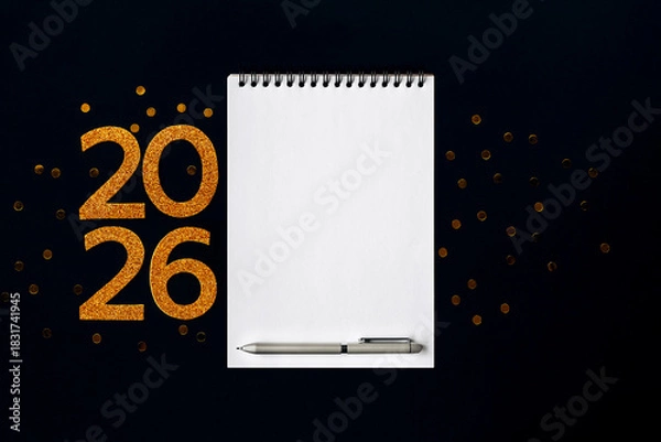 Obraz 2026 New Year concept with empty notebook for your goals, plans, resolutions. Flat lay style. Christmas planning concept with space for text