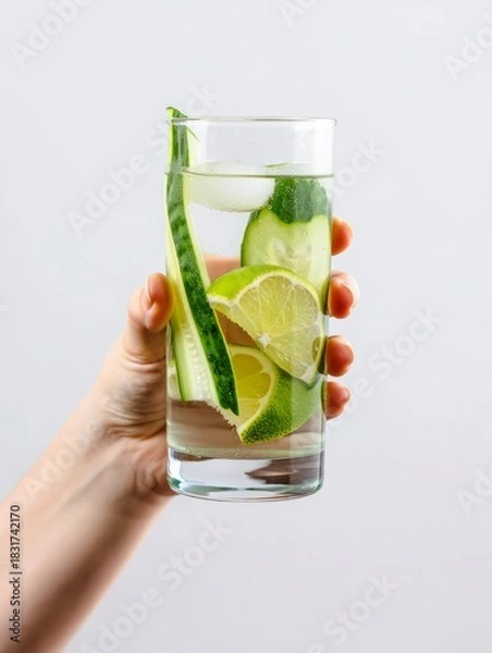 Obraz Hand holding a refreshing glass of cucumber and lime infused water