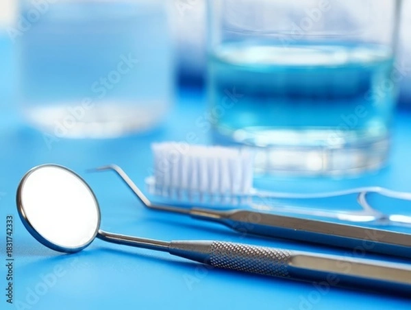 Obraz Dental hygiene tools including mirror and scaler with mouthwash and toothbrush