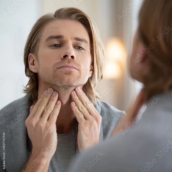 Obraz Man examining his beard stubble in the mirror