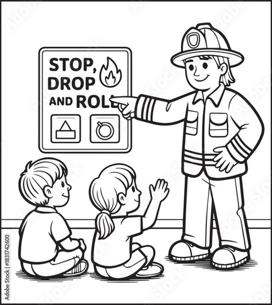 Fototapeta Coloring page for kids, Cute firefighter works for rescue vector line art illustration for coloring book