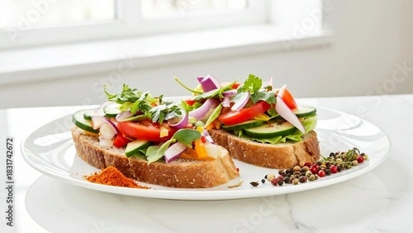 Obraz Freshly made bruschetta with vibrant vegetables and herbs on a white plate