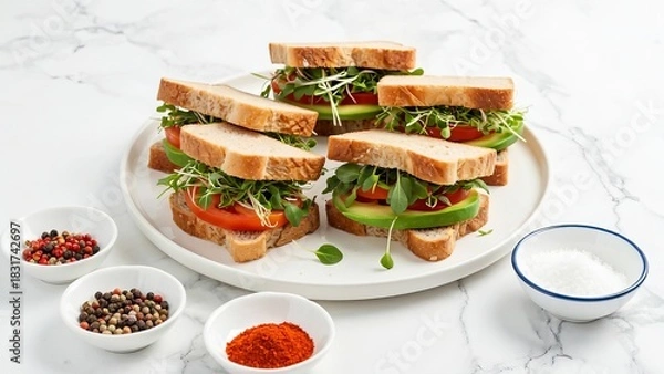 Obraz Freshly made healthy sandwiches stacked on a plate with ingredients