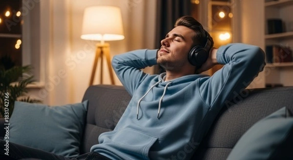 Obraz Young man relaxing on a couch listening to music with headphones