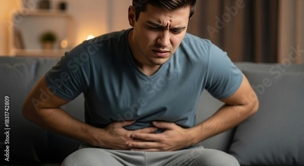 Obraz Man suffering from stomach pain and discomfort at home
