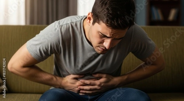 Obraz Man experiencing stomach pain and discomfort while sitting on a couch