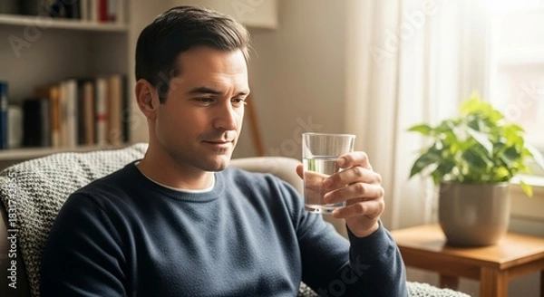 Obraz Man sitting in armchair holding a glass of water near a window