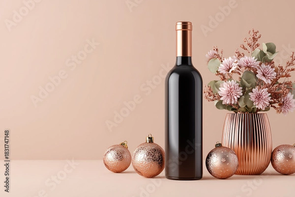 Fototapeta Elegant wine bottle with festive ornaments and flower vase on table  