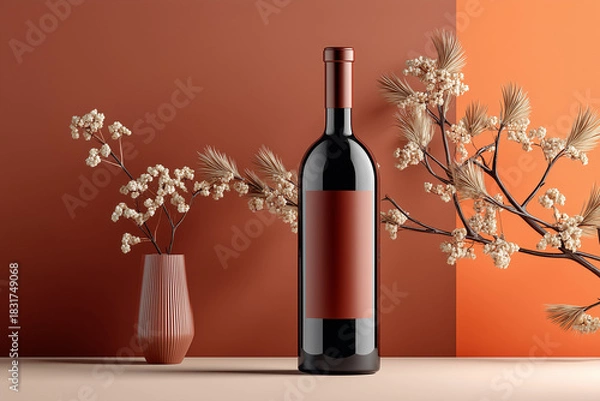 Fototapeta Wine bottle with blank label beside decorative vase and branches  