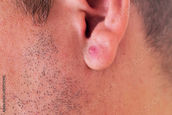 Fototapeta Skin condition on the ear of a young man showing irritation and raised bump near facial hair, red pimple