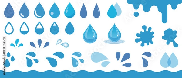 Obraz 様々な形と光沢を持つ水滴としずくのベクターイラストセット