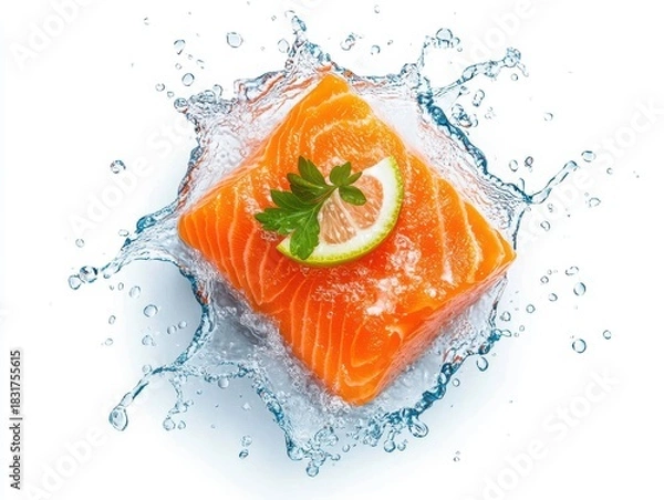 Obraz Fresh salmon slice with splash and lime garnish.