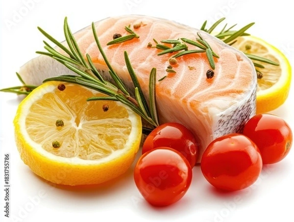 Obraz Fresh salmon with lemon and cherry tomatoes.