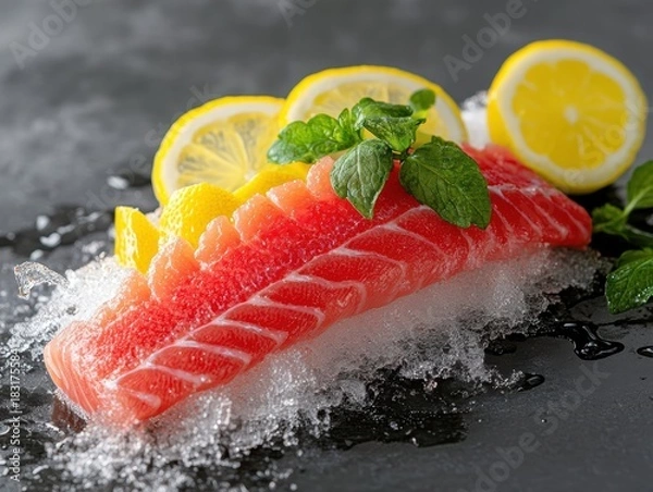 Obraz Fresh salmon with lemon and mint garnish.