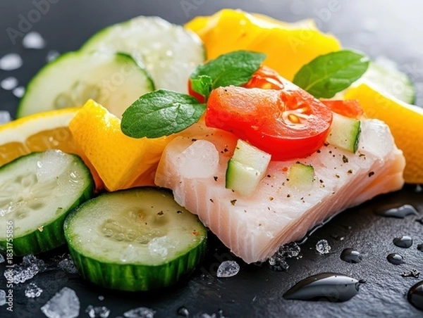 Obraz Fresh salmon with vibrant vegetable garnish.