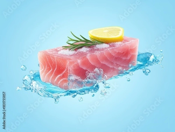 Obraz Fresh salmon with lemon slice and herbs.