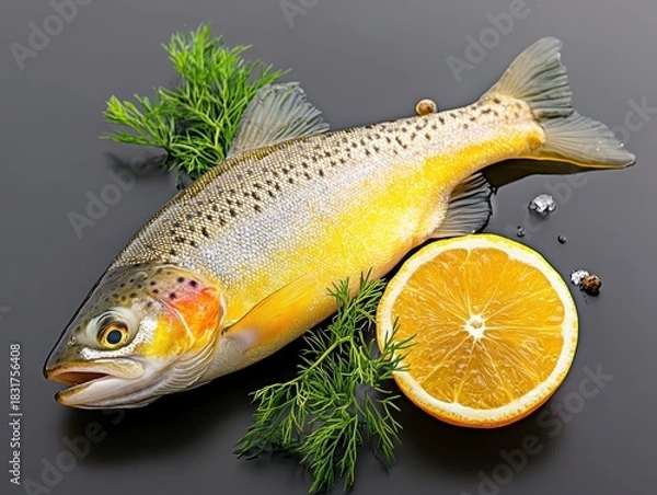 Obraz Fresh trout with herbs and orange slice.