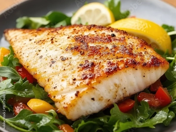 Obraz Grilled fish fillet served with fresh salad.