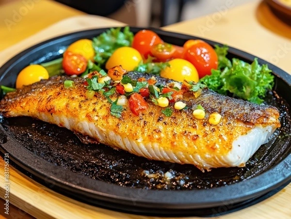 Obraz Grilled fish with colorful vegetables on plate.