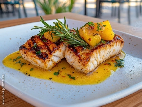 Obraz Grilled fish with herbs and pineapple garnish.
