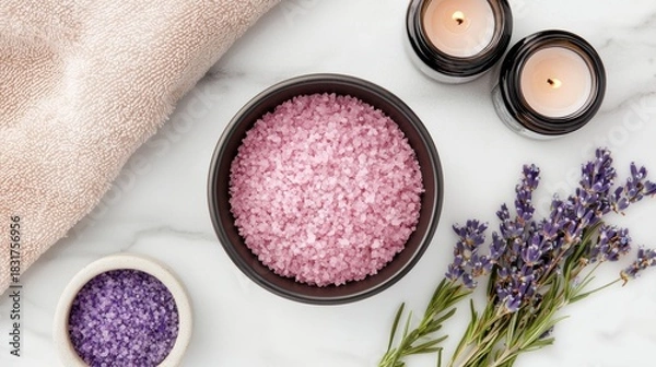 Obraz Relaxing spa setup with lavender and salt.