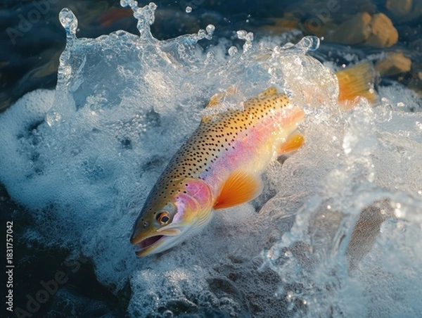 Obraz Trout jumping in clear water with splashes.