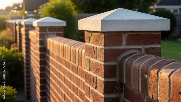 Fototapeta New residential brick wall with cement coping. Outdoor privacy barrier or demarcation for property. Housing improvement and construction.